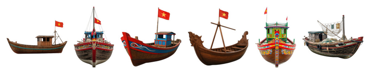 Naklejka premium Traditional wooden boat set including various styles, colors, and designs isolated. Vietnamese culture and marine collection.