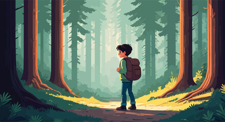Young adventurous boy with a backpack standing on a forest path.