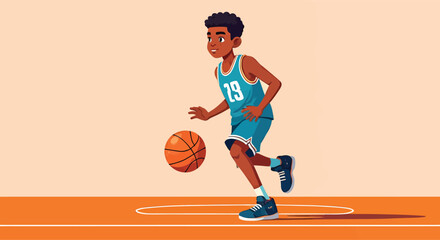 Young African American boy dribbling a basketball in a teal jersey.
