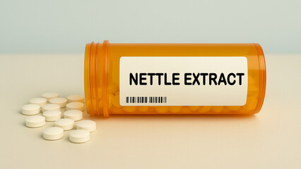Box of NETTLE EXTRACT tablets on a hospital pharmacy table used to support joints and allergy...