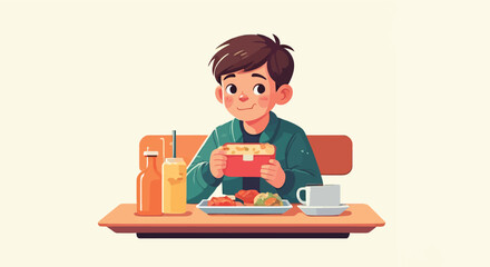 Young cartoon boy with dark hair eating a meal.