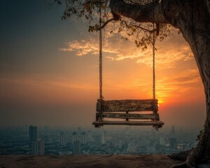 Empty Wooden Swing At Sunset Over Cityscape
