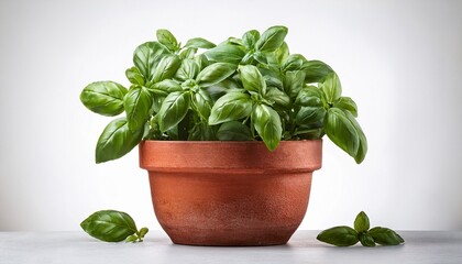 Naklejka premium Fresh Basil Plant Growing In Rustic Terracotta Pot On White Background