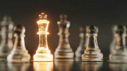 Glowing chess king stands out among other pieces, symbolizing strategy and competition. contrast highlights importance of leadership in game