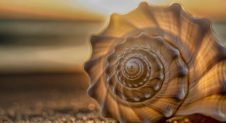 Intricate Seashell Spiral on Beach, Warm Sunlight Glow, Nature Macro Photography