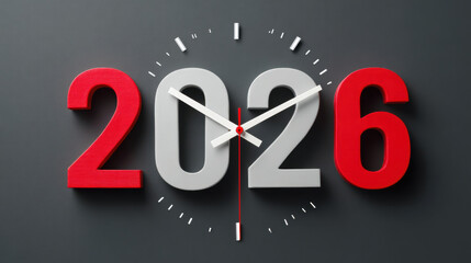 2026 clock design features bold red and gray numbers, symbolizing passage of time and anticipation of future. modern aesthetic enhances its visual appeal