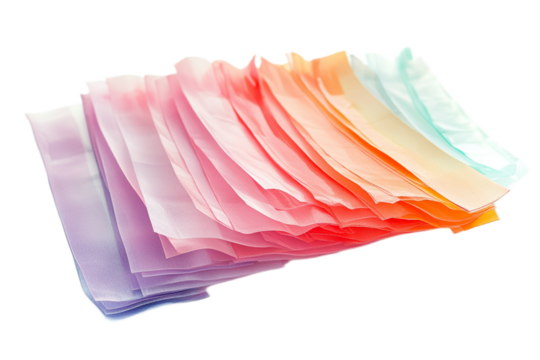 Colorful folded tissue paper layers with gradient colors on transparent background
