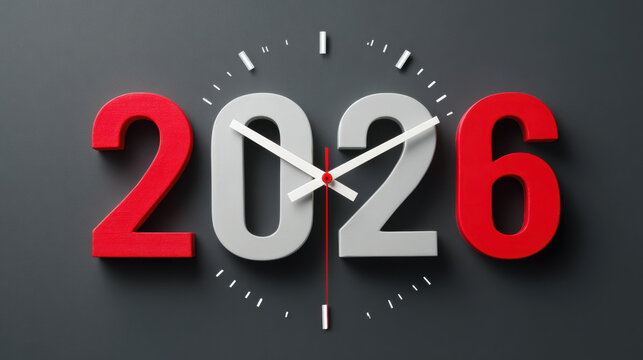 2026 clock design features bold red and gray numbers, symbolizing passage of time and anticipation of future. modern aesthetic enhances its visual appeal