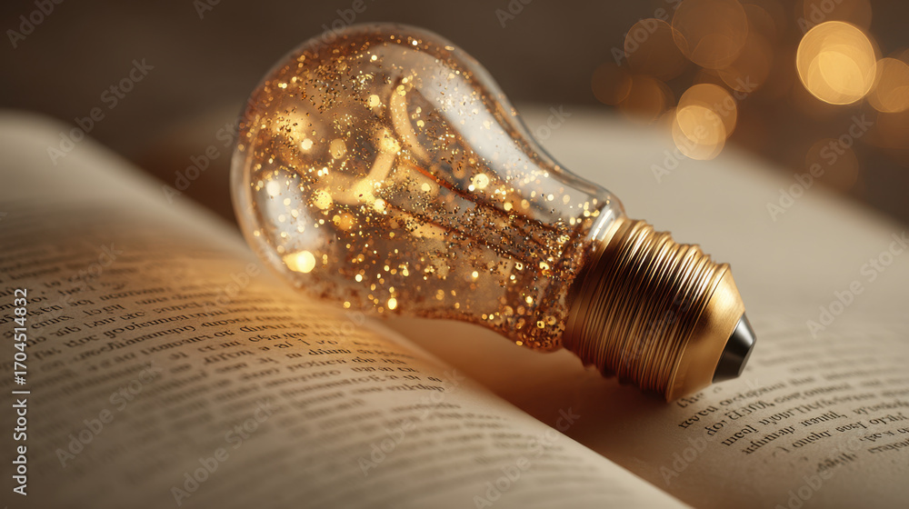 Poster Glowing light bulb filled with shimmering particles rests on open book, creating warm and enchanting atmosphere. soft bokeh in background enhances magical feel of scene