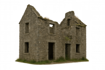 Crumbling stone house with missing roof and overgrown grass, isolated on a transparent background, creating a haunting and desolate scene