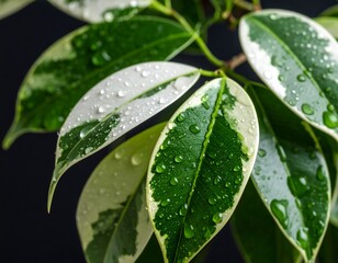 Close-up of variegated plant leaves with water droplets