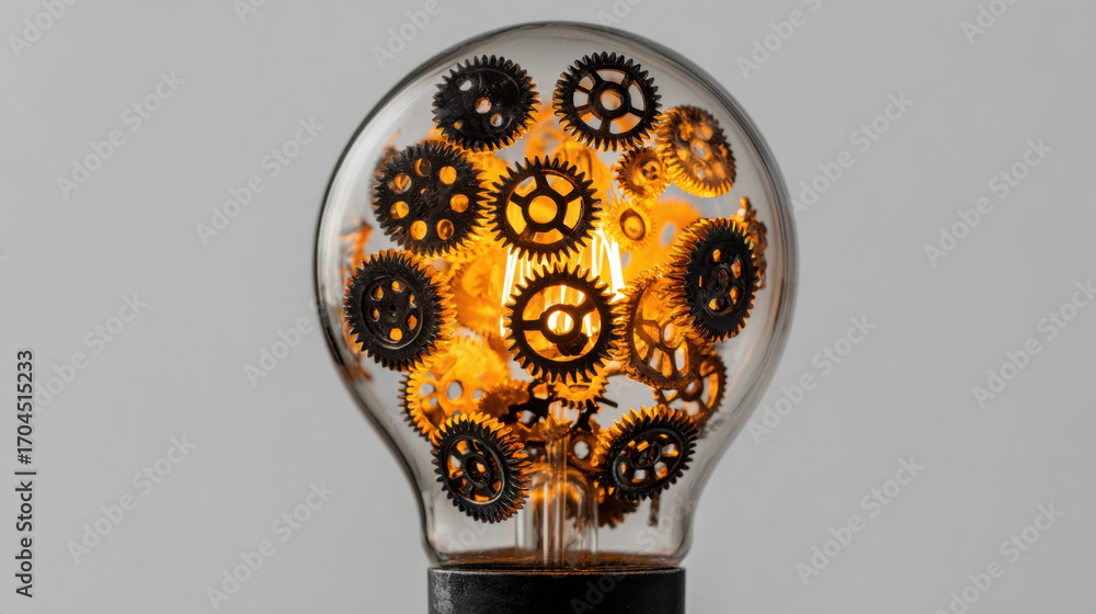 Poster light bulb filled with intricate gears emits warm glow, symbolizing creativity and innovation. combi