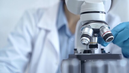 Scientist using microscope in laboratory. Close-up of a researcher's hands adjusting a modern microscope in a lab setting. Science concept