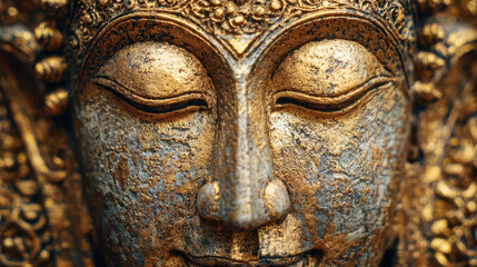 Golden Buddha statue with intricate details and serene expression, symbolizing peace and spirituality. texture of surface adds depth to artwork, inviting contemplation and reflection