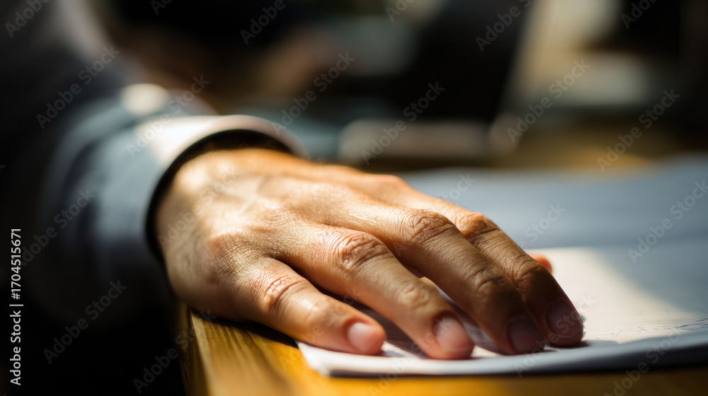 Poster close up of hand resting on stack of papers, showcasing details of fingers and texture of skin. back