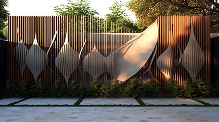 Contemporary fence design blending wood textures and abstract metal art in a modern garden setting