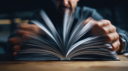 Person flipping through pages of book, creating dynamic motion effect. blurred pages convey sense of speed and engagement with reading material. background is softly focused, emphasizing action