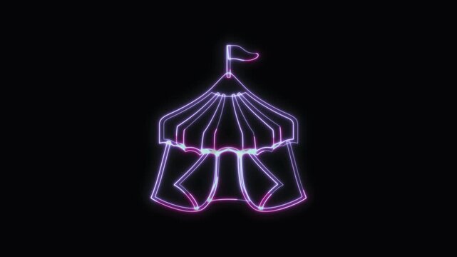  Circus Tent Icon Neon Seamless Loop 4K with Black Background Animated Promotional Typography for Video Editing