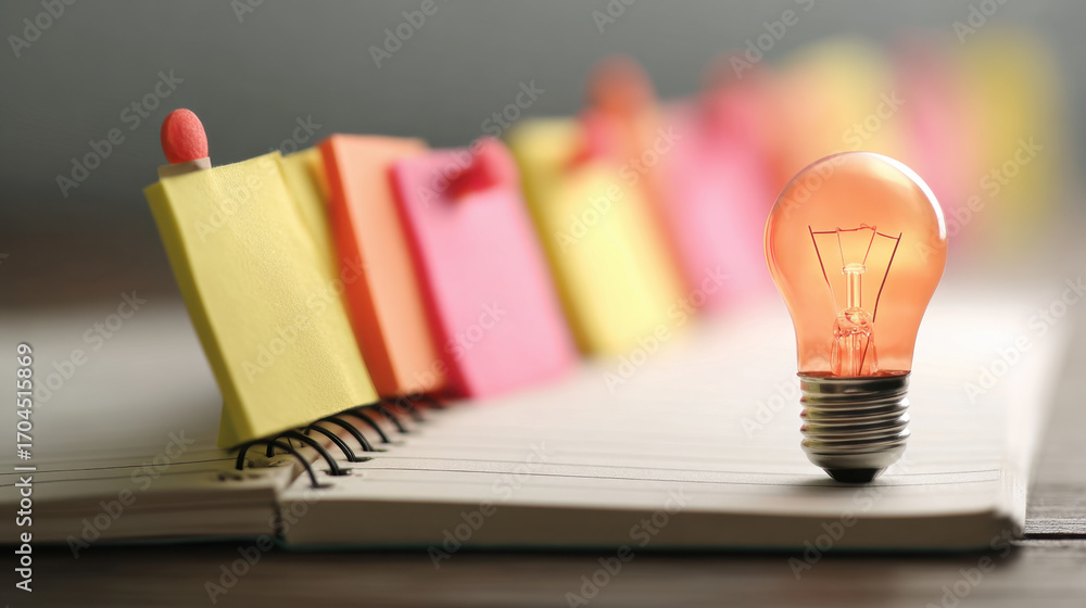 Poster glowing light bulb symbolizes creativity and ideas, placed next to colorful sticky notes on open not