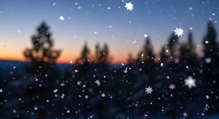 Fototapeta premium Falling snow over silhouette of pine trees at sunset with blurred background