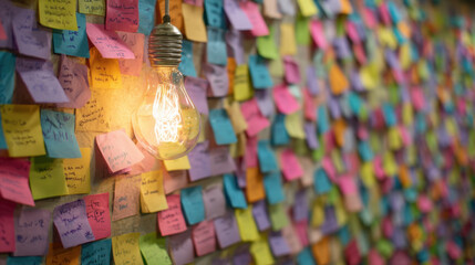 Colorful sticky notes cover wall, creating vibrant and creative atmosphere. glowing light bulb hangs nearby, illuminating notes and enhancing lively environment