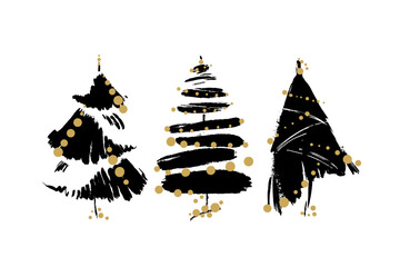 Hand drawn Christmas trees with decoration. Ink vector illustration new year greeting template. Artistic various shape new year trees composition horizontal card.
