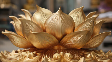 Golden lotus sculpture with intricate petal details, showcasing craftsmanship and elegance. shimmering surface reflects light beautifully, creating serene and luxurious atmosphere