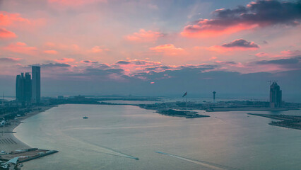 Top view of Abu Dhabi Skyline at sunset timelapse, United Arab Emirates