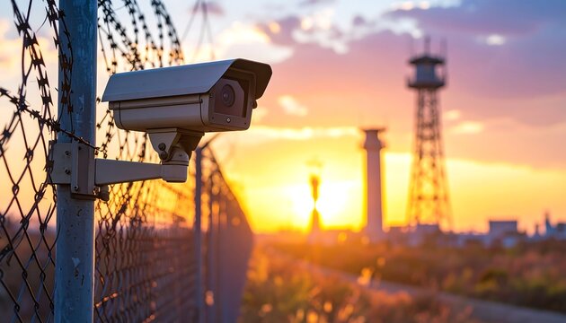 Surveillance camera atop a wired fence against a sunset backdrop, suggesting security and observation. Tall structures in distance