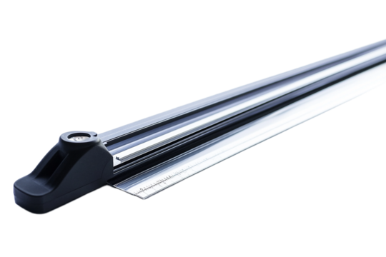 Professional rotary paper cutter, black handle close-up on transparent background