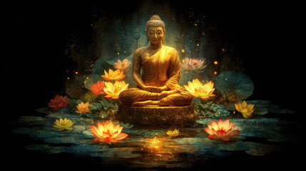 Serene golden Buddha statue sits peacefully among vibrant lotus flowers, radiating tranquility and enlightenment. calm water reflects beauty of scene, creating harmonious atmosphere