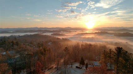 Sunrise Over Forest With Mist