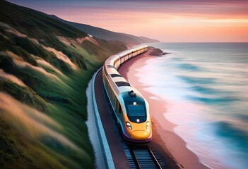A high-speed train travels along a coastal railway track at sunset, with the ocean on one side and a green hillside on the other.