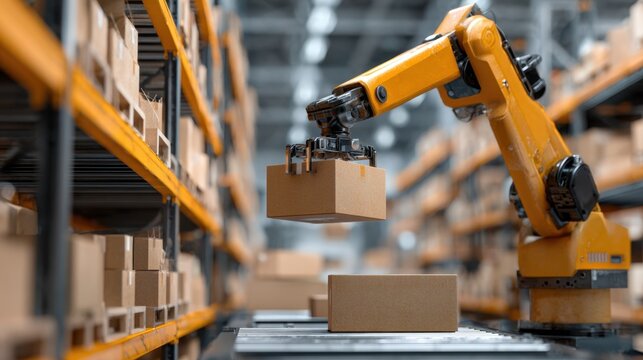 Medium shot of AIguided robotic arm precisely picking up inventory boxes from warehouse shelves with blurred background highlighting automation efficiency. - Powered by Adobe