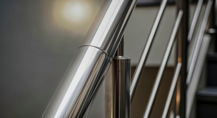 Modern Stainless Steel Staircase Railing Details Metallic Architectural Design Close Up