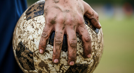 Close-up of a muddy soccer ball held in a dirty hand after a tough game.