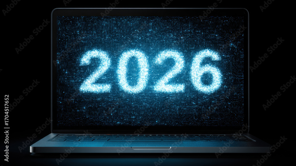 Poster digital display of year 2026 on laptop screen, showcasing futuristic and technological theme. glowin