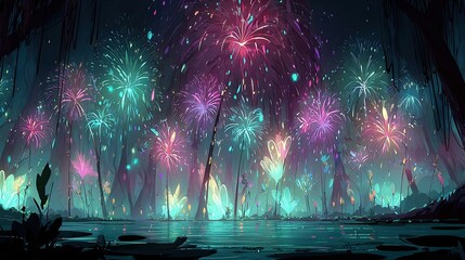 Pixelated Fireworks Over A Glowing Forest River At Night