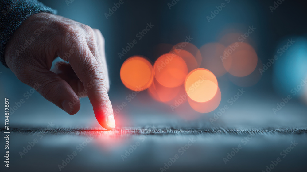 Poster hand gently touches surface, emitting soft red light, creating captivating contrast against blurred 