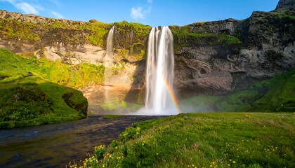 Obraz premium Majestic Waterfall cascading down mossy cliffs in Iceland.