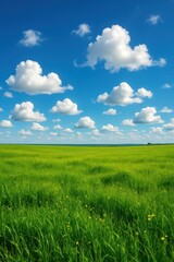 Obraz premium Vibrant summer meadow with emerald grass field under brilliant azure sky dotted with fluffy white cumulus clouds panoramic view