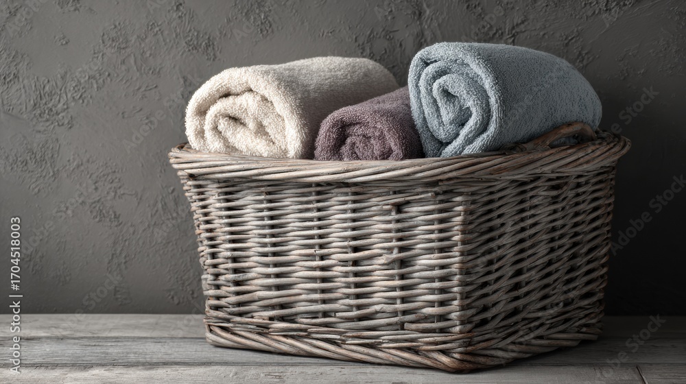 Poster cozy display of neatly rolled towels in a wicker basket against a textured wall setting