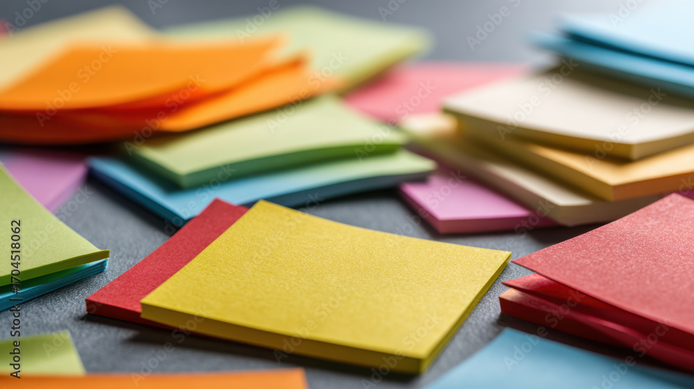 Poster colorful sticky notes scattered surface create vibrant and organized workspace. these notes are perf