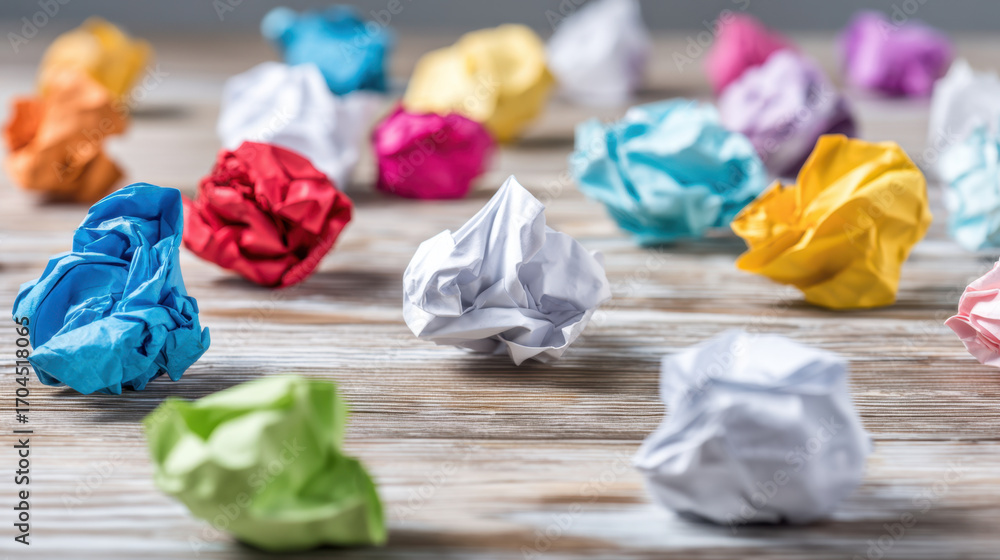 Poster crumpled paper balls in various colors scattered on wooden surface create vibrant and playful atmosp
