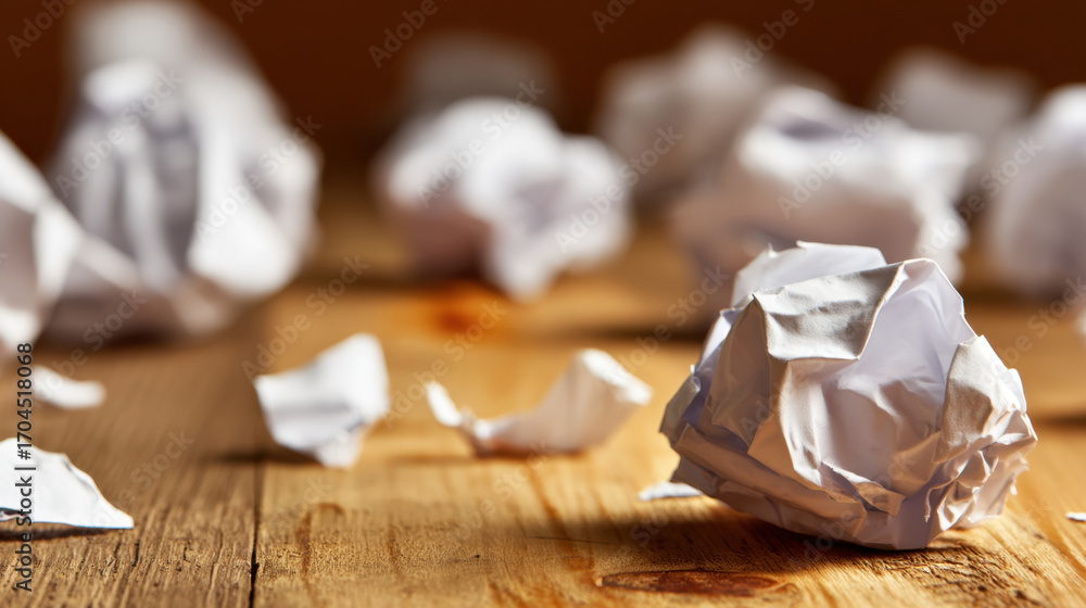 Poster crumpled paper scattered on wooden surface creates chaotic yet artistic scene, evoking feelings of c
