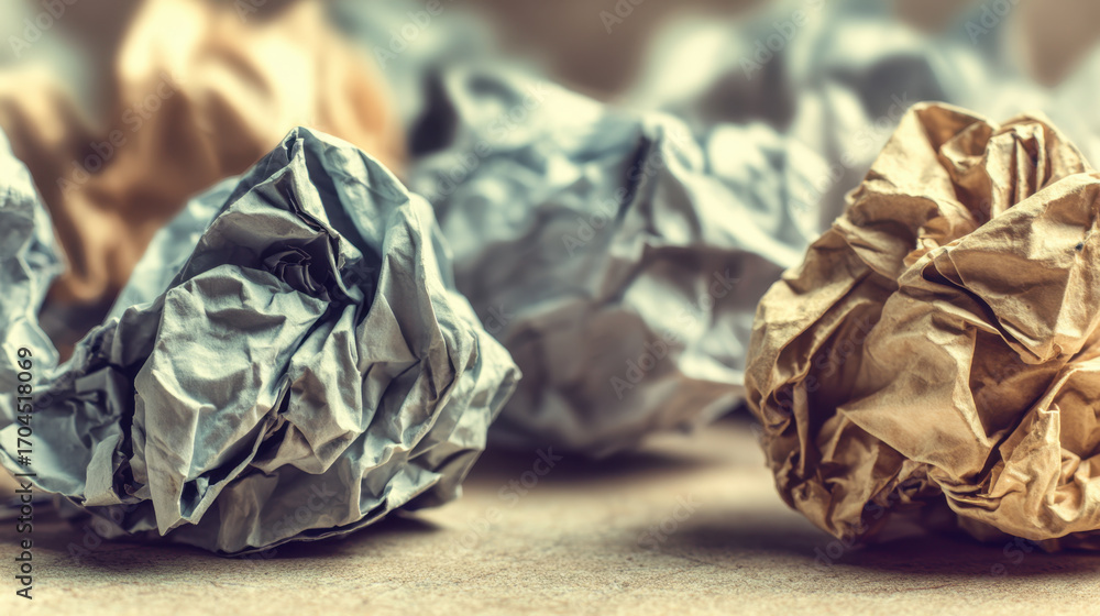 Poster crumpled paper balls in various colors create interesting texture and visual contrast. soft lighting
