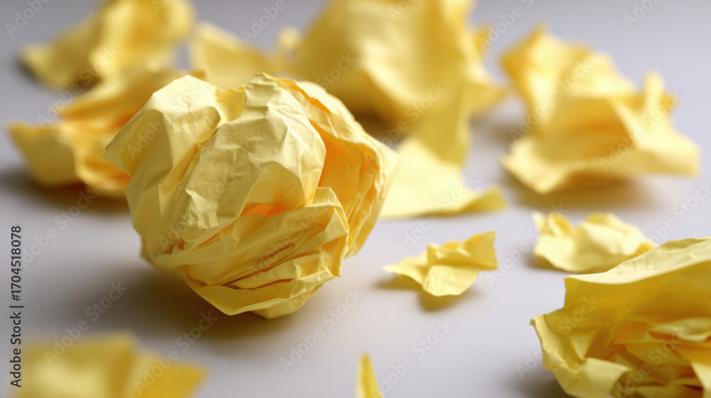Poster crumpled yellow paper balls scattered on light surface create vibrant and dynamic composition, evoki