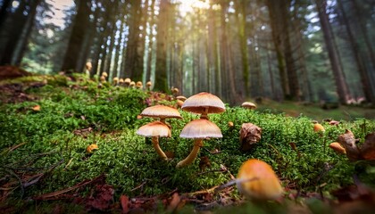 Delicate Mushrooms On Forest Floor A Verdant Woodland Scene