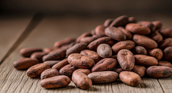 Pile of Roasted Cocoa Beans on Wooden Surface: Chocolate Ingredient Still Life Close-up