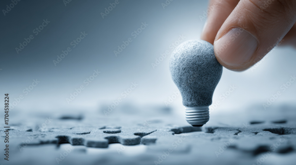 Poster hand placing light bulb made of stone onto puzzle piece, symbolizing creativity and problem solving.